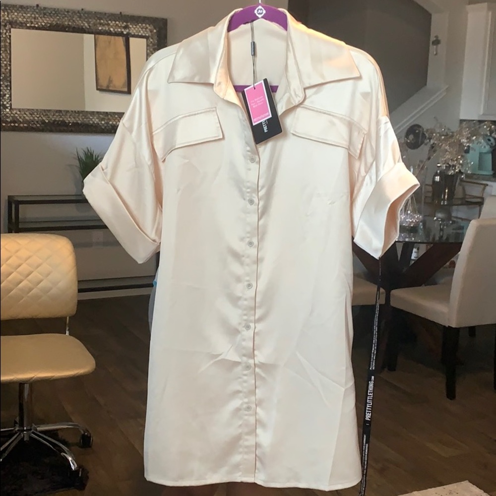 PLT champagne satin short sleeve shirt dress